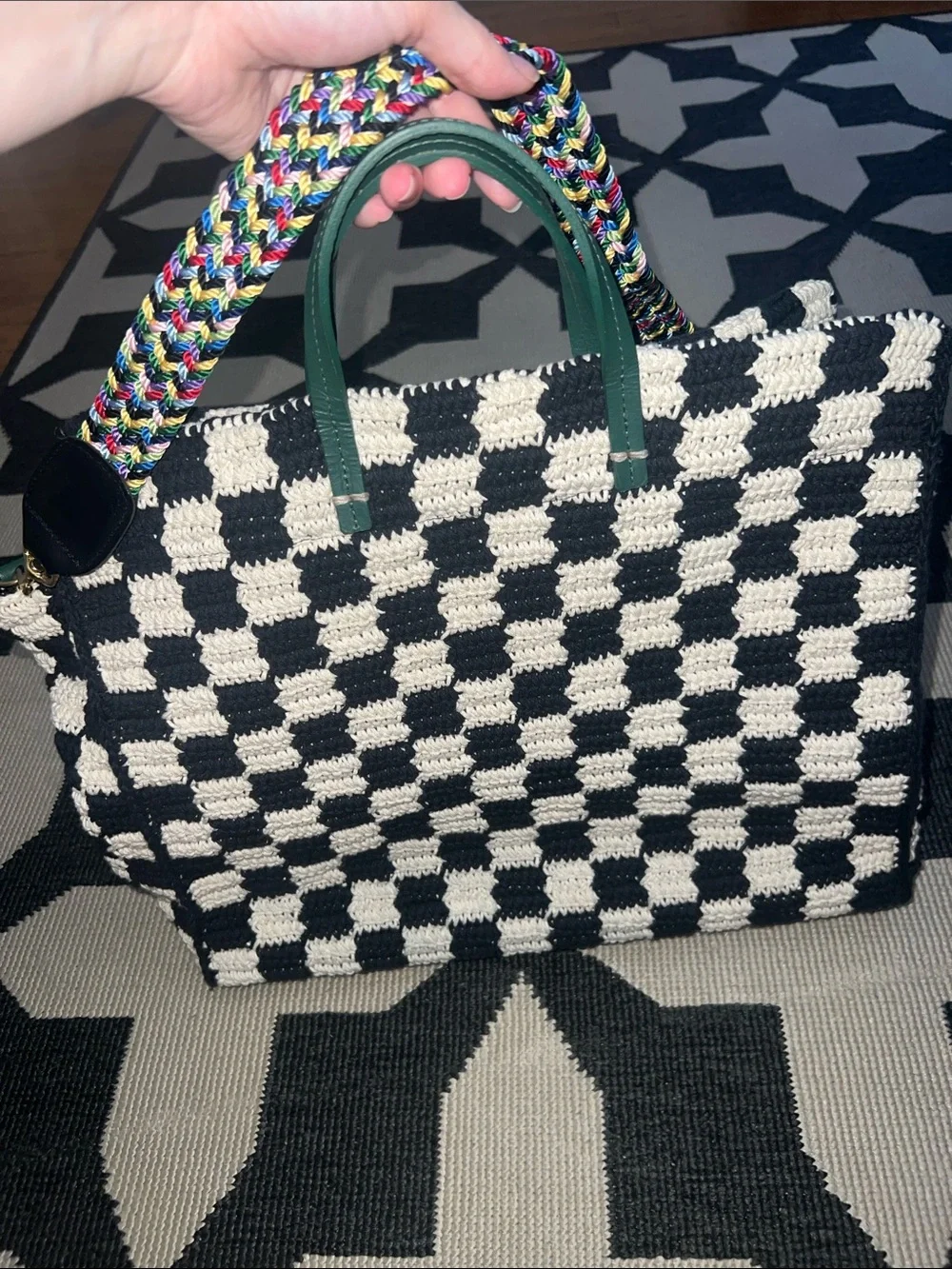 Clare V Black and Cream Summer Simple Tote with Multicolor Woven Shoulder Strap